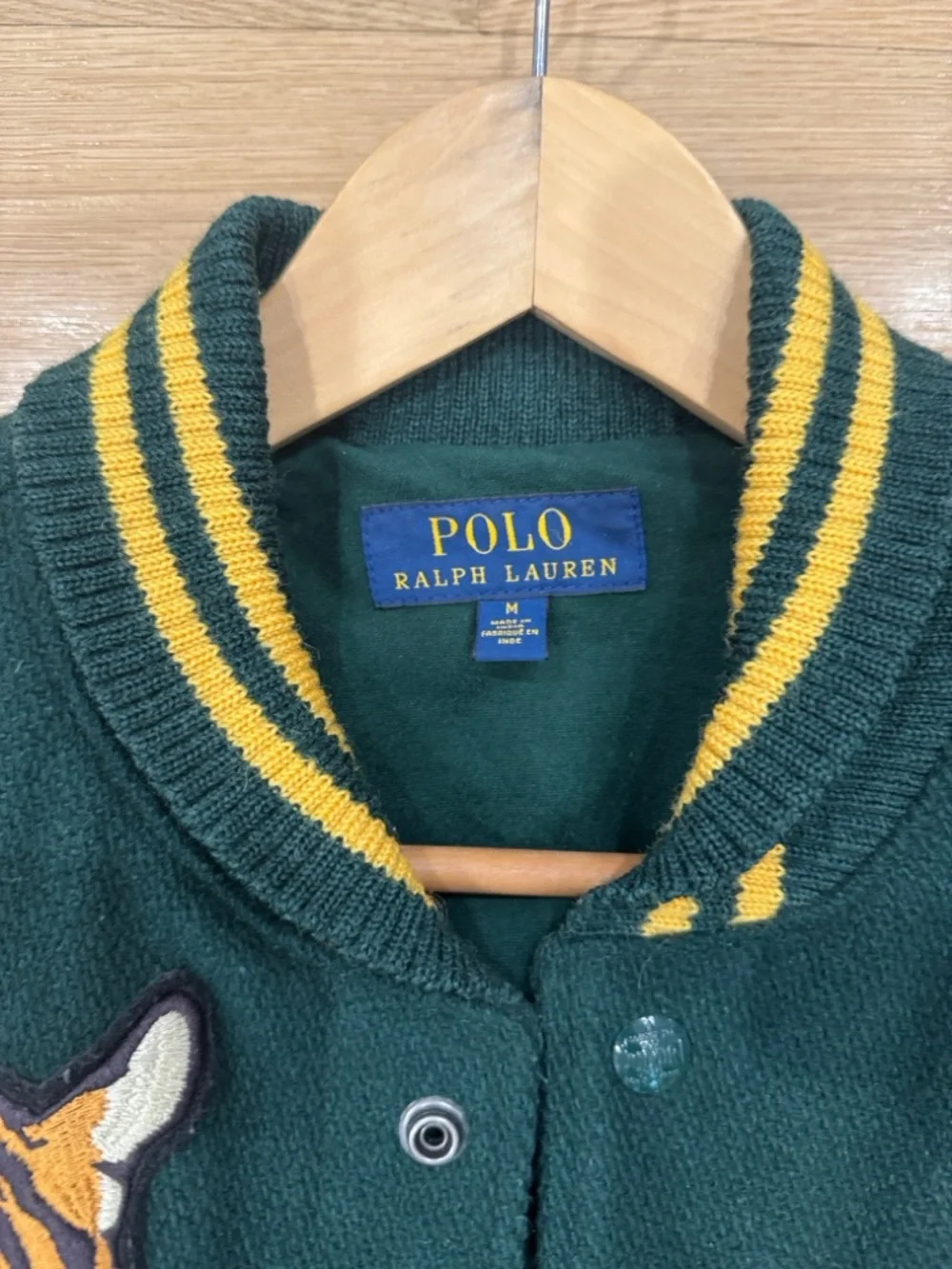 Polo by Ralph Lauren Dark Green & Tan Leather-Sleeve Varsity Jacket - Picture 5 of 5